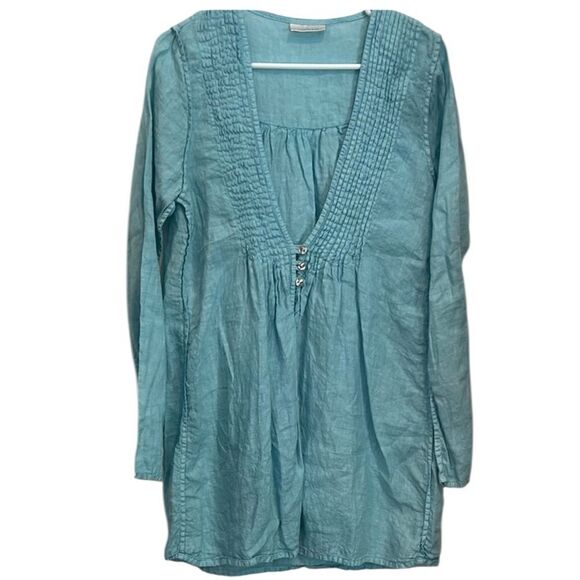 Homefrocks blue linen shirt blouse - Pintucks and open front extra small-New! - Picture 1 of 10